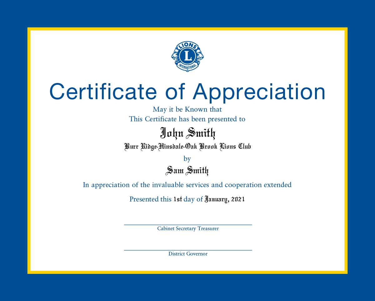 DISTRICT GOVERNORS APPRECIATION CERTIFICATE - PERSONALIZED